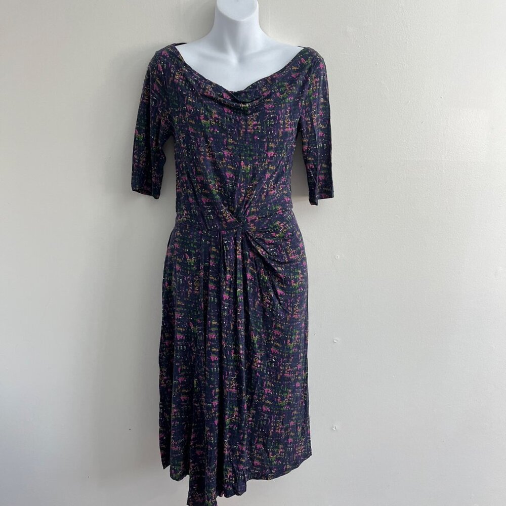 Boden Floral-Print Midi Dress in Navy with Pink & Green Accents